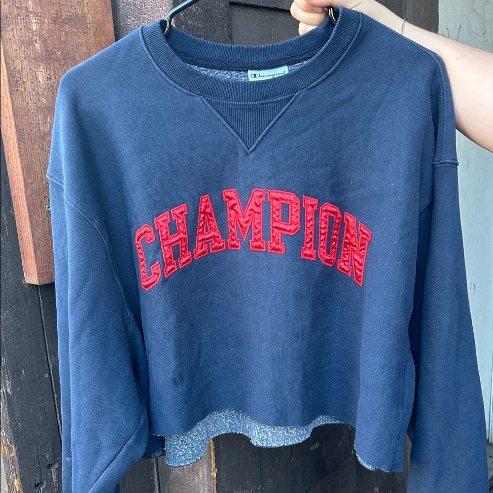 Champion Women's Crew Neck Sweater in Navy with Red Logo